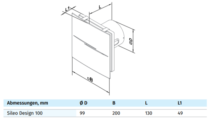 Maße Sileo Design Abluftgerät von Blauberg Ventilatoren