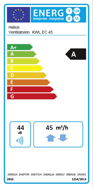 ERP Ettikett KWL EC 45  EcoVent Verso dezentrales Lüftungsgerät mit  Wärmerückgewinnung von Helios Ventilatoren